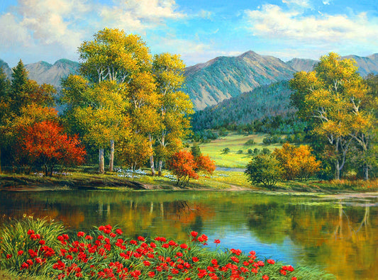 Bergsee mit gelben Bäumen - Diamond Painting