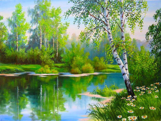 Birken am ruhigen See - Diamond Painting