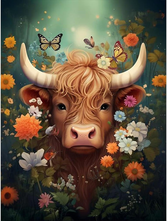 Kuhporträt mit Blumen - Diamond Painting
